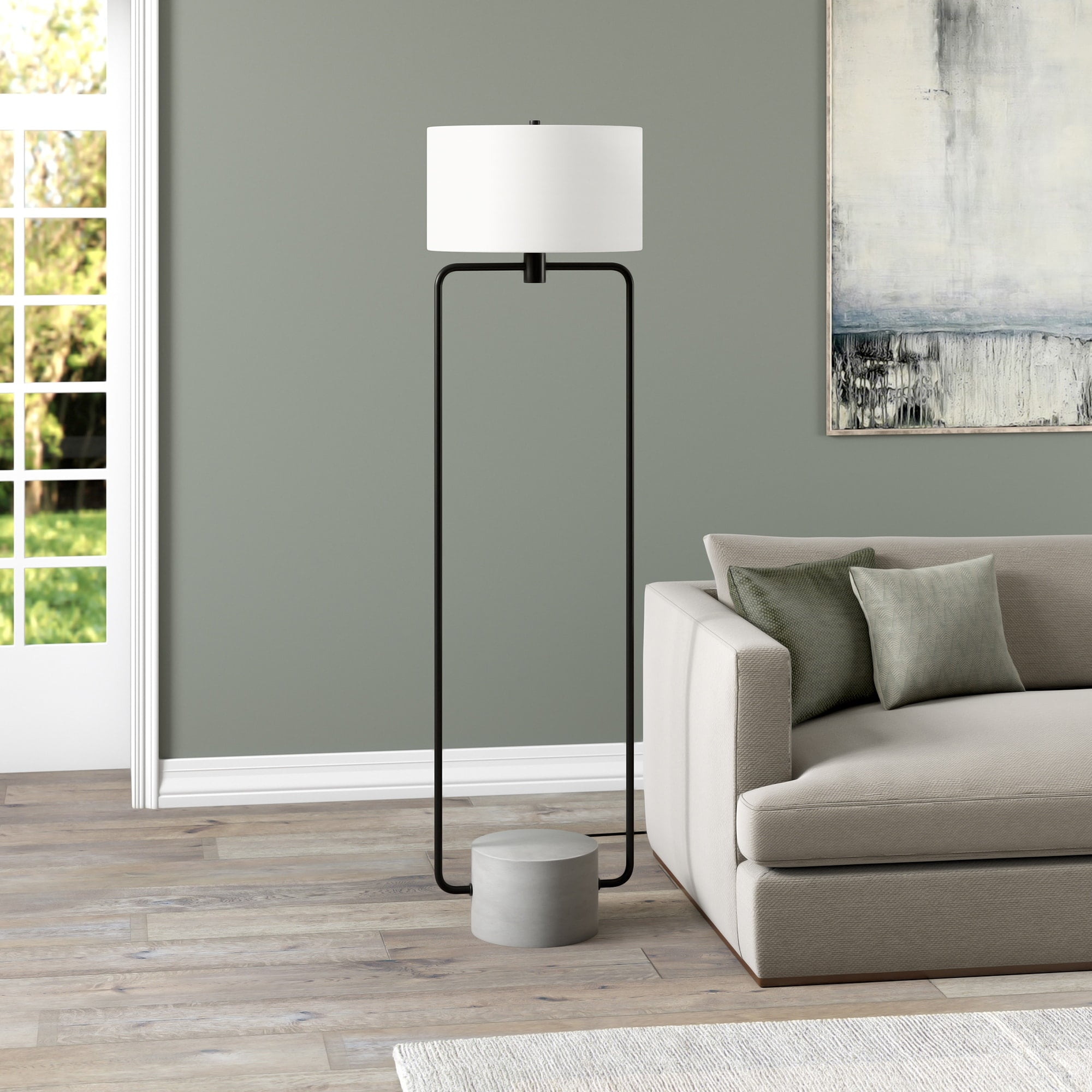 Blackened Bronze and Concrete Adjustable Floor Lamp with White Fabric Shade