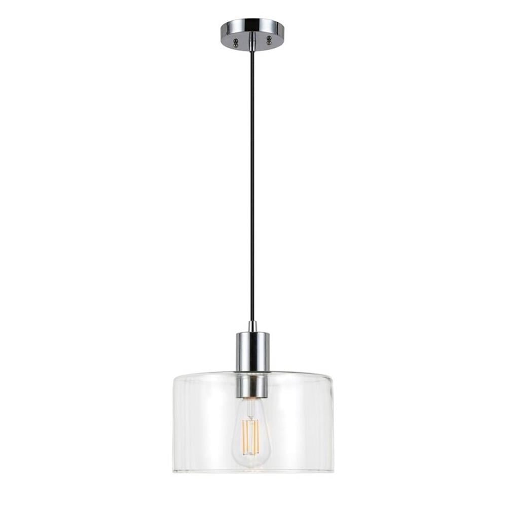 Contemporary Polished Nickel Drum Pendant with Hand-Blown Glass Shade