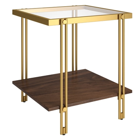 Evelyn&Zoe Inez 20" Wide Square Side Table with MDF Shelf, Brass/Walnut