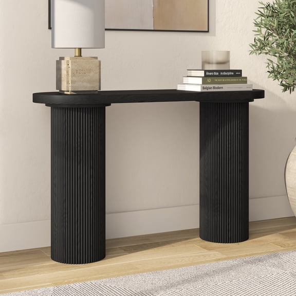 Evelyn&Zoe Isa 55" Wide Oval Fluted Console Table in Black Grain
