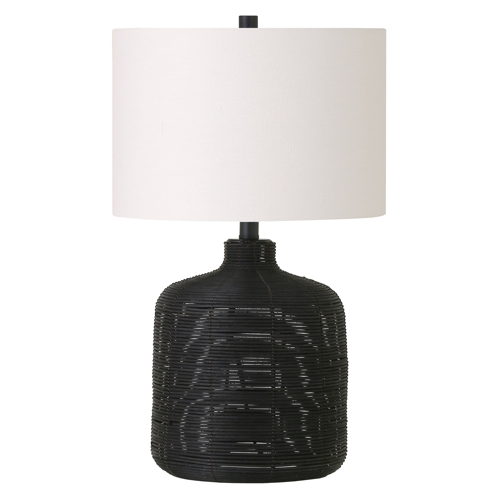 Petite Black Rattan Table Lamp with White Linen Shade