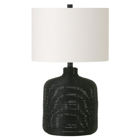 Evelyn&Zoe Jolina 20.5" Tall Petite/Rattan Table Lamp with Fabric Shade, Black Rattan/White