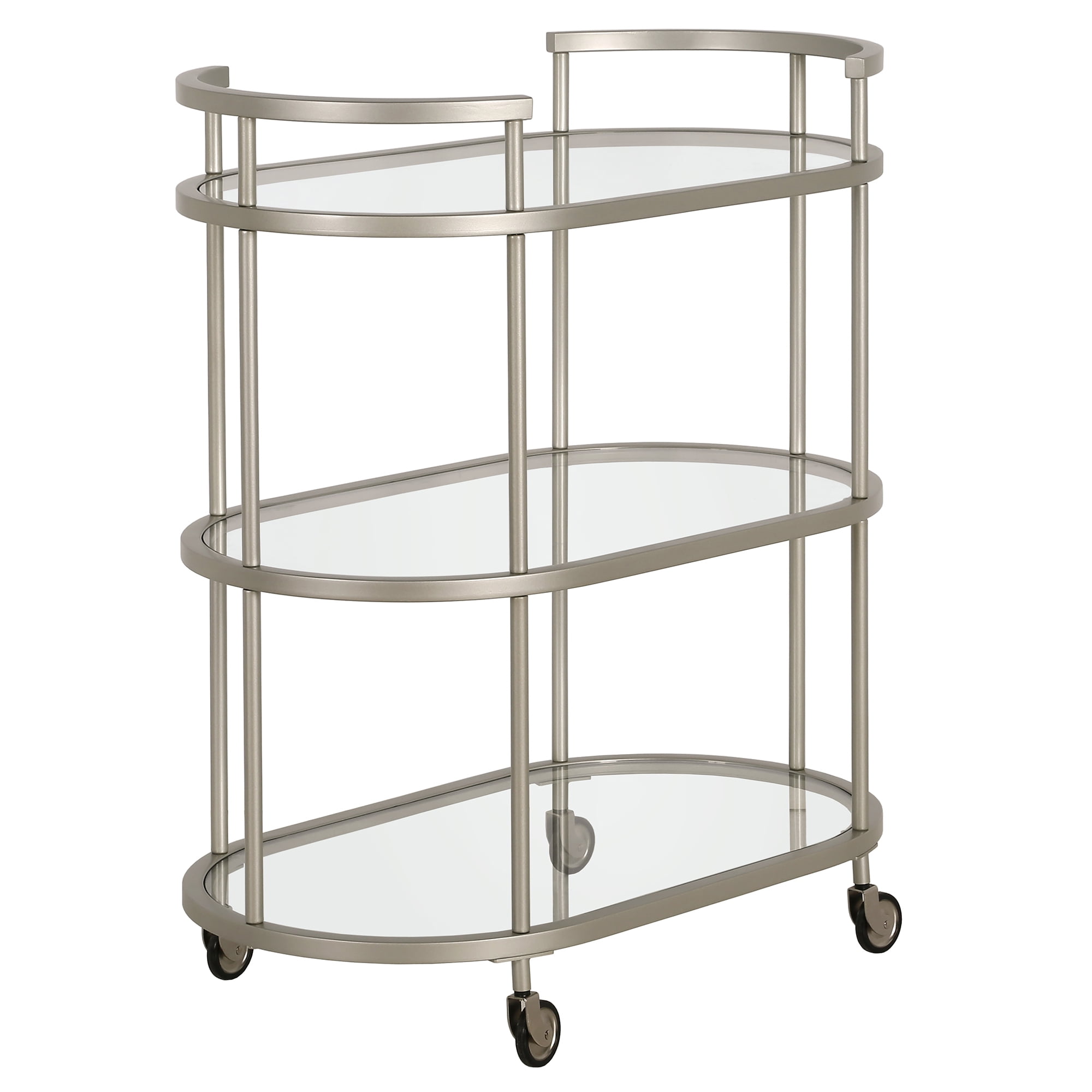Evelyn&Zoe Satin Nickel Oval Bar Cart with Tempered Glass Shelves