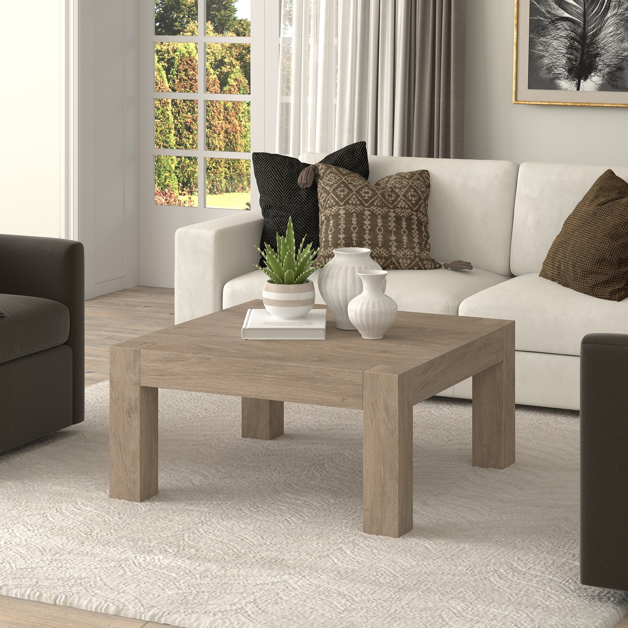 Antiqued Gray Oak Square MDF Coffee Table, 34 Inch