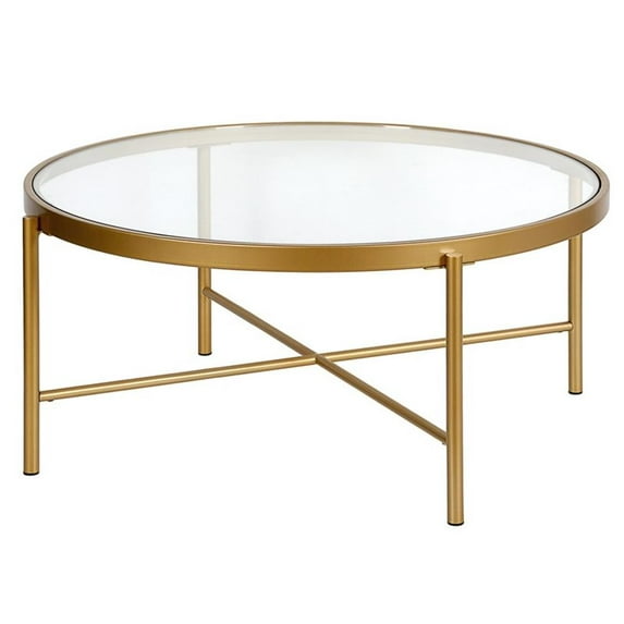 Evelyn&Zoe Metal 36" Round Glass Top Coffee Table in Brass