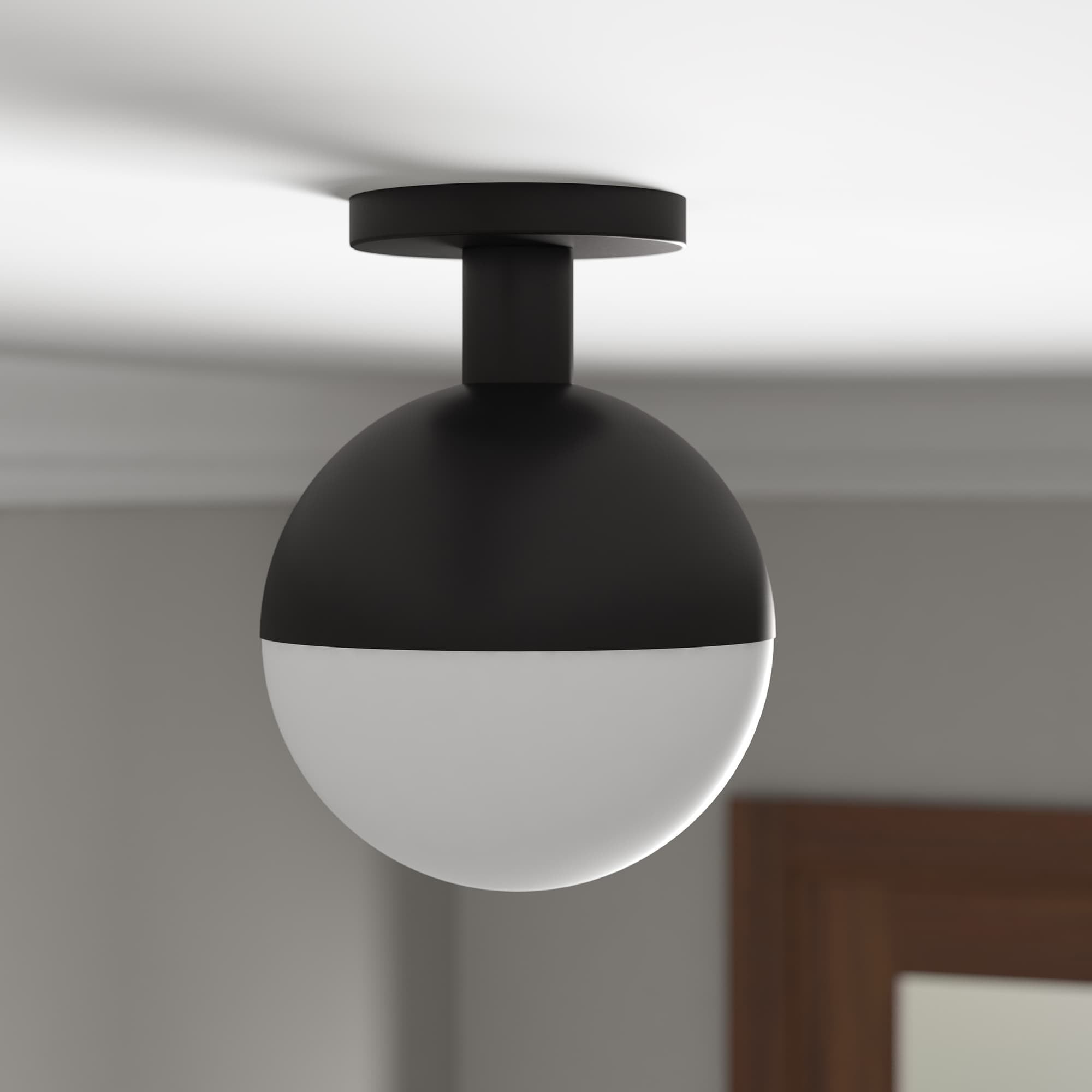 Blackened Bronze and Milk Glass Globe Semi Flush Mount