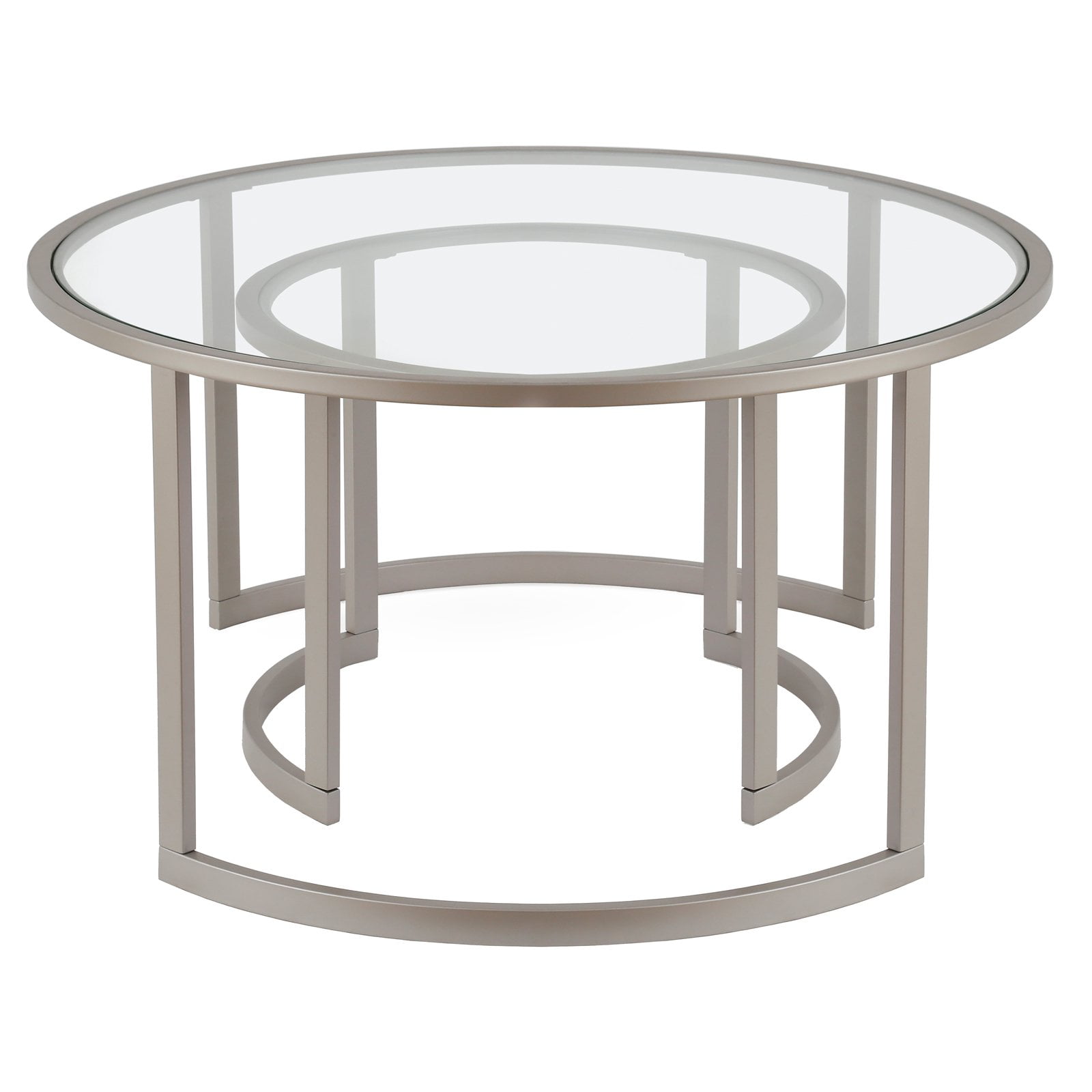 Satin Nickel Round Nested Coffee Tables with Clear Glass Top