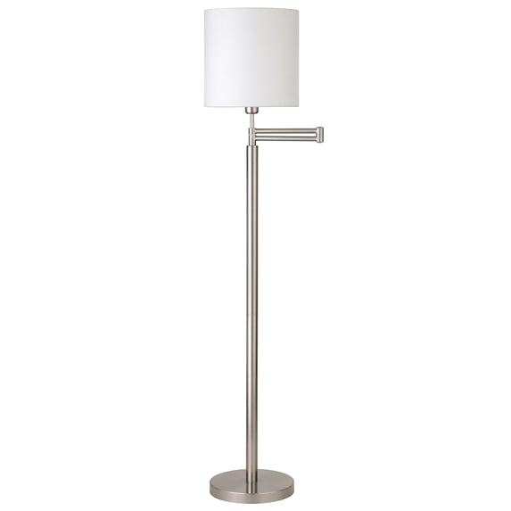 Evelyn&Zoe Moby Swing Arm Floor Lamp with Fabric Drum Shade in Brushed Nickel/White