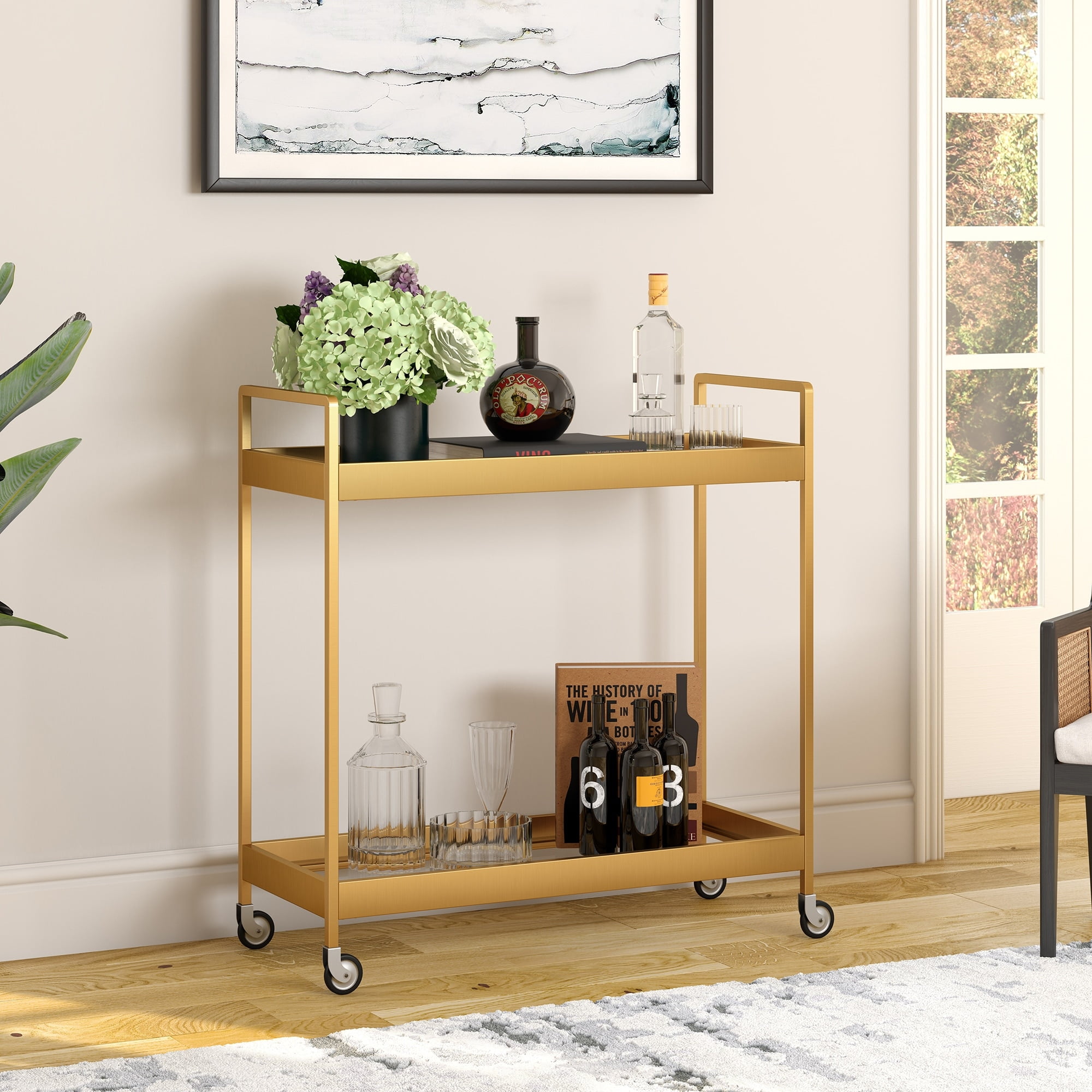Glamourous Brass Finish Rectangular Bar Cart with Glass Shelves