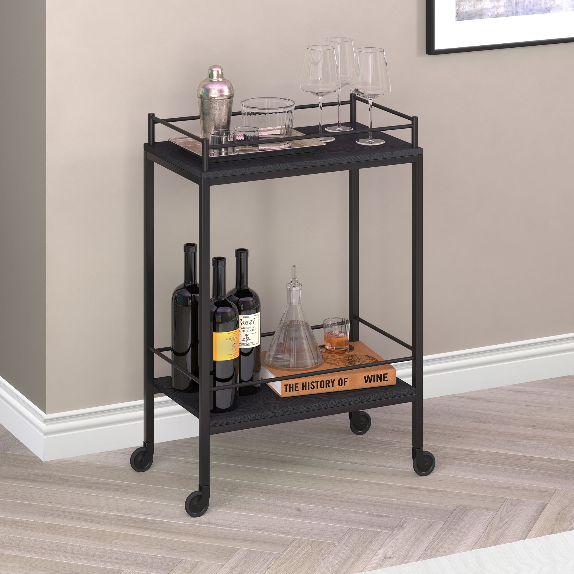 Barnes Black Grain Wood-Finish & Bronze Frame Bar Cart with Storage