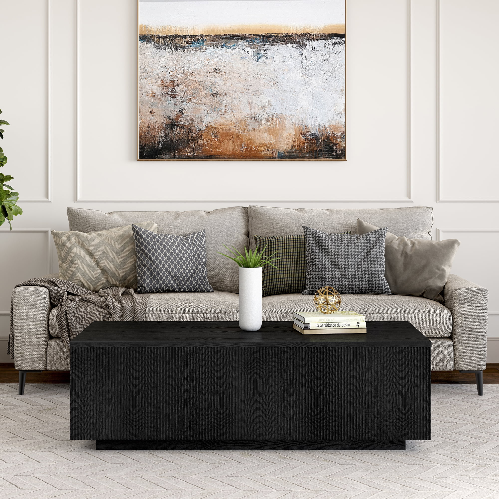 Black Grain Rectangular Wood-Look Coffee Table with Ribbed Base