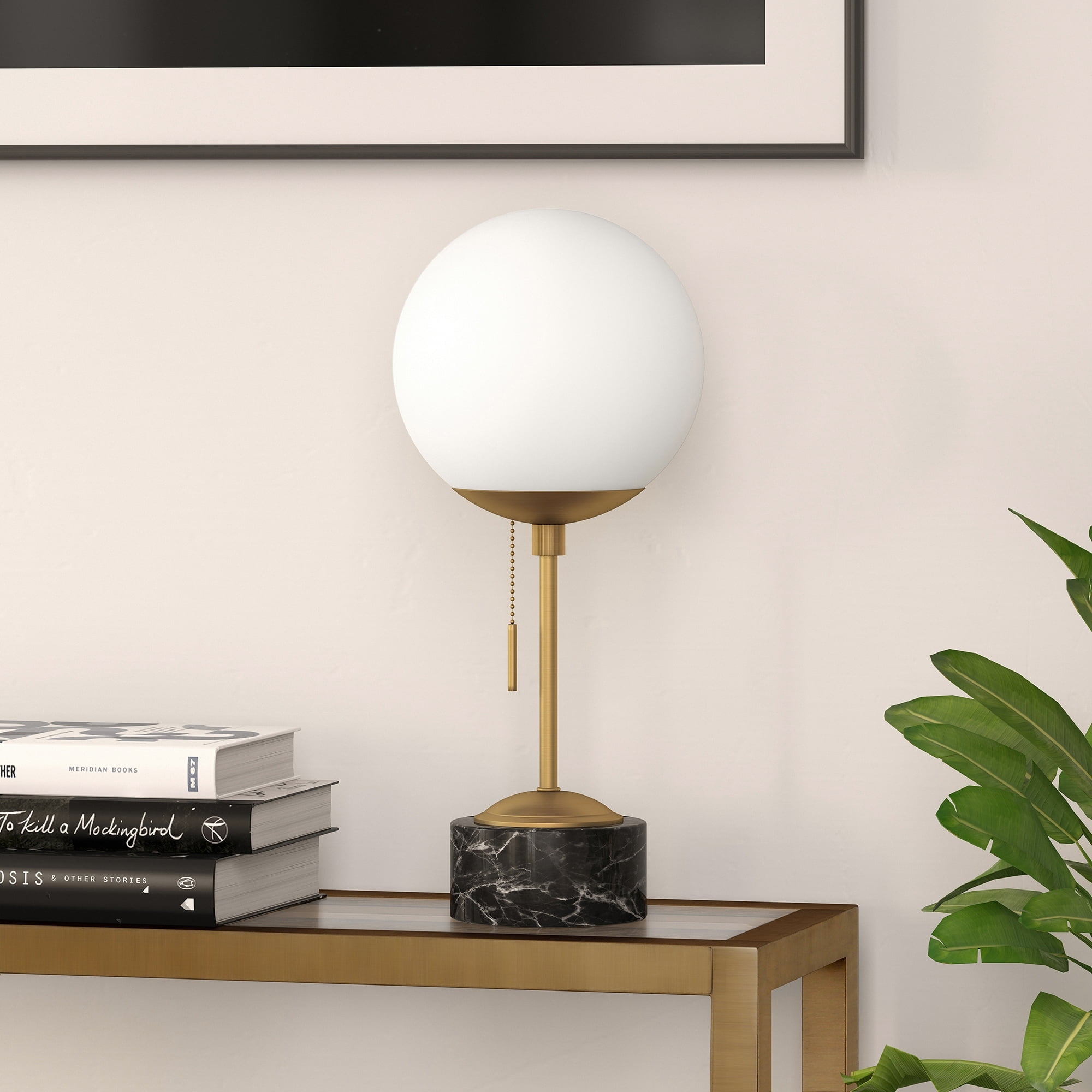 Reagan Art Deco Brass & Black Marble Table Lamp with White Globe Shade
