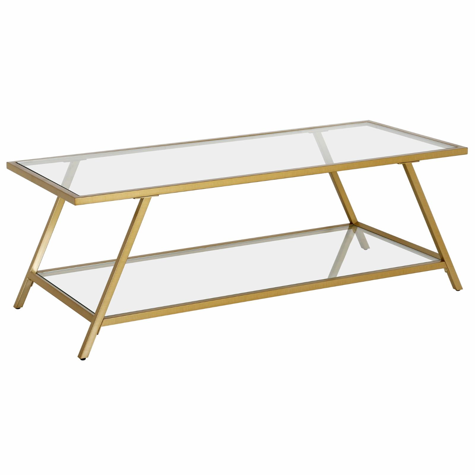 48" Brass and Glass Rectangular Coffee Table with Shelf
