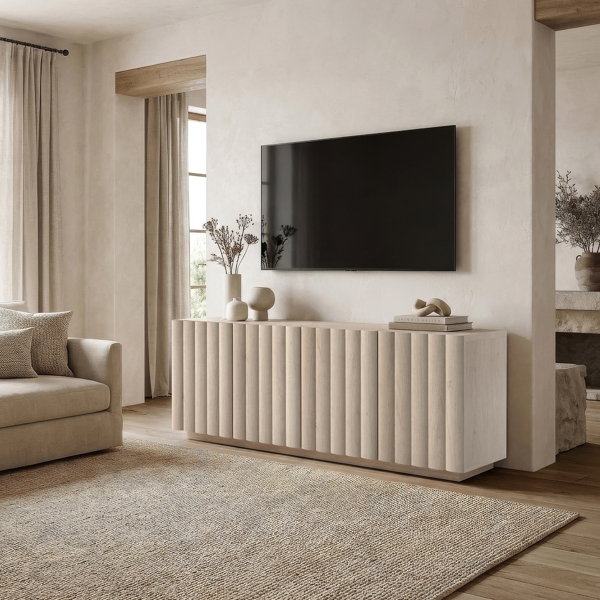 Evelyn&Zoe Molly Rectangular Fluted TV Stand for TV's up to 75" in Alder White
