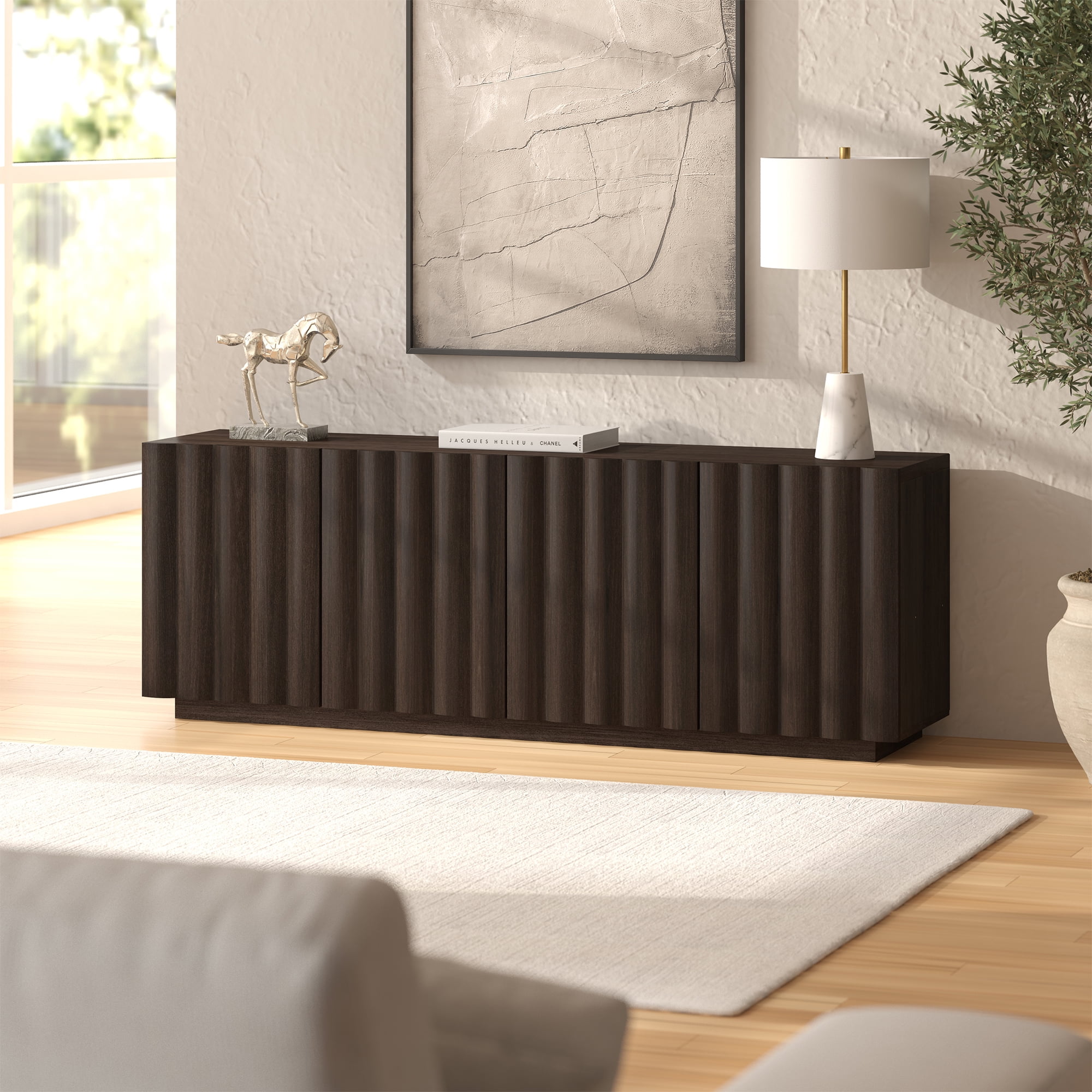 Evelyn&Zoe Molly Rectangular Fluted TV Stand for TV's up to 75" in Brown Oak