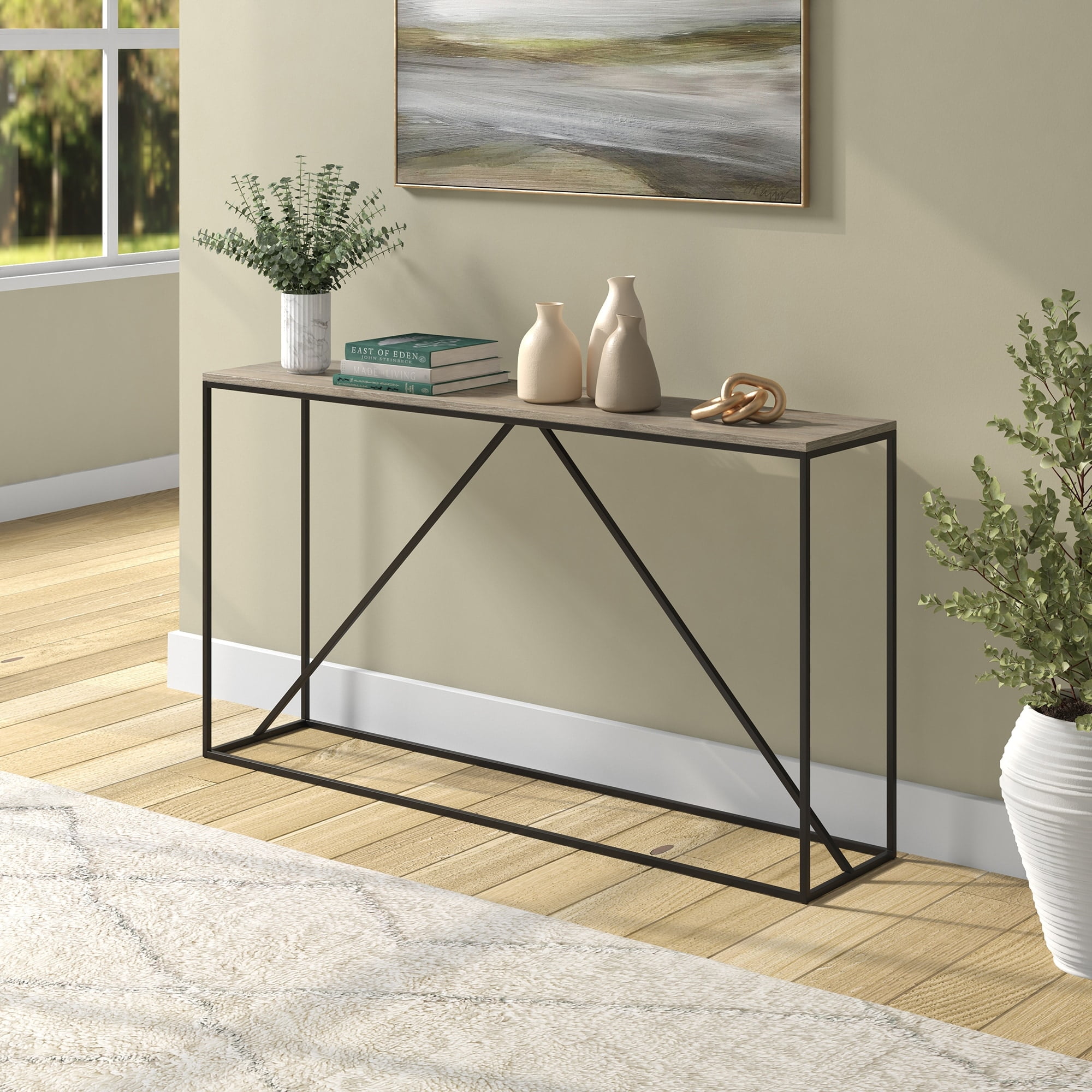 Nia 55" Blackened Bronze and Antiqued Gray Oak Console Table