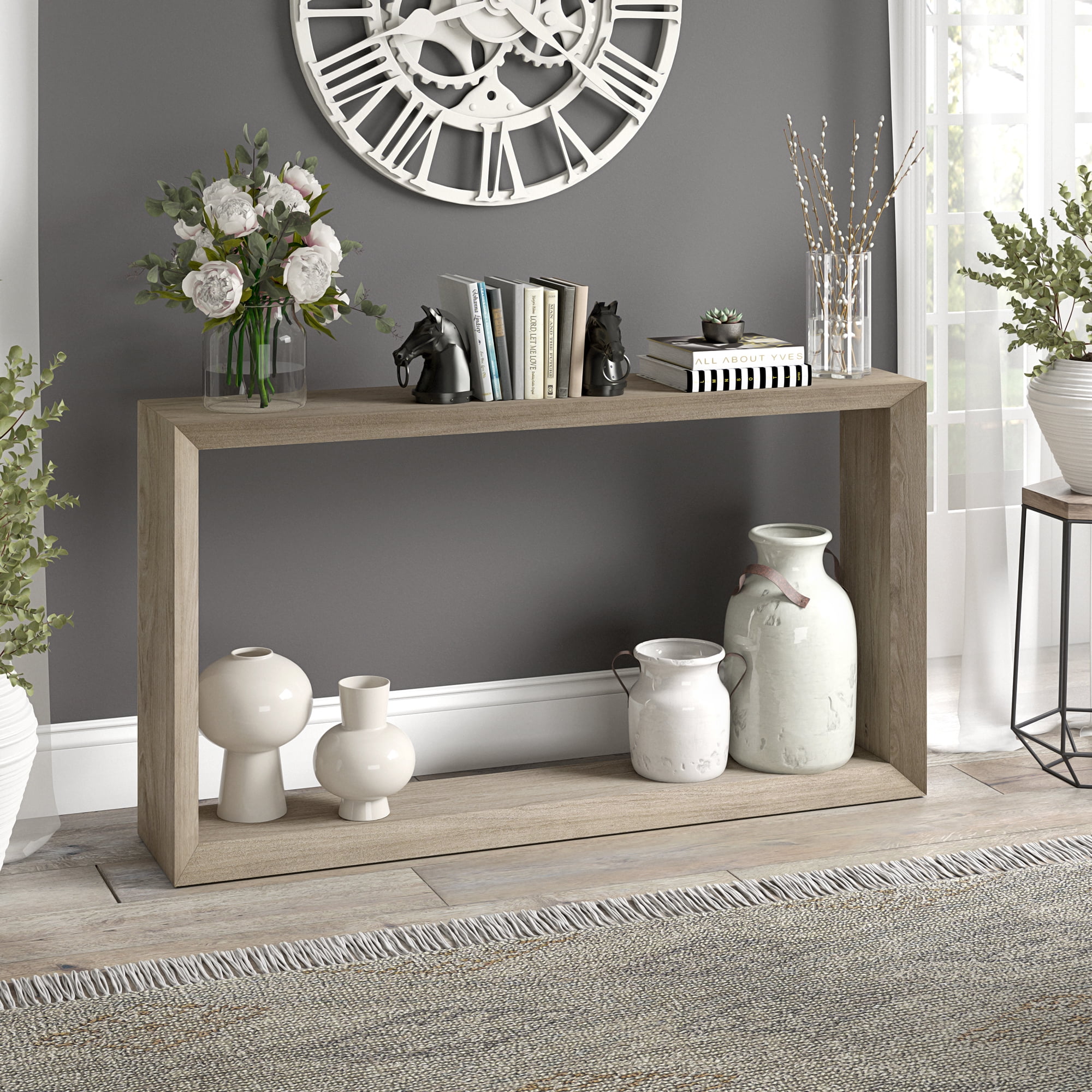Antiqued Gray Oak 55" Rectangular Console Table with Storage