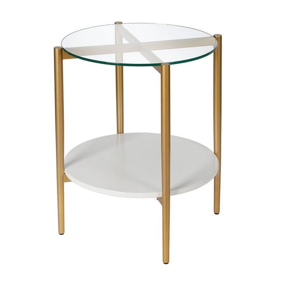 Evelyn&Zoe Otto 20" Wide Round Side Table with MDF Shelf, Brass and White Lacquer