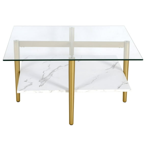 Evelyn&Zoe Otto 32" Wide Square Coffee Table with Faux Marble Shelf, Brass