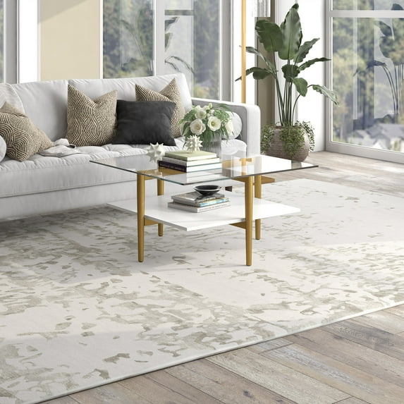 Evelyn&Zoe Otto 32" Wide Square Coffee Table with White Lacquer Shelf, Brass