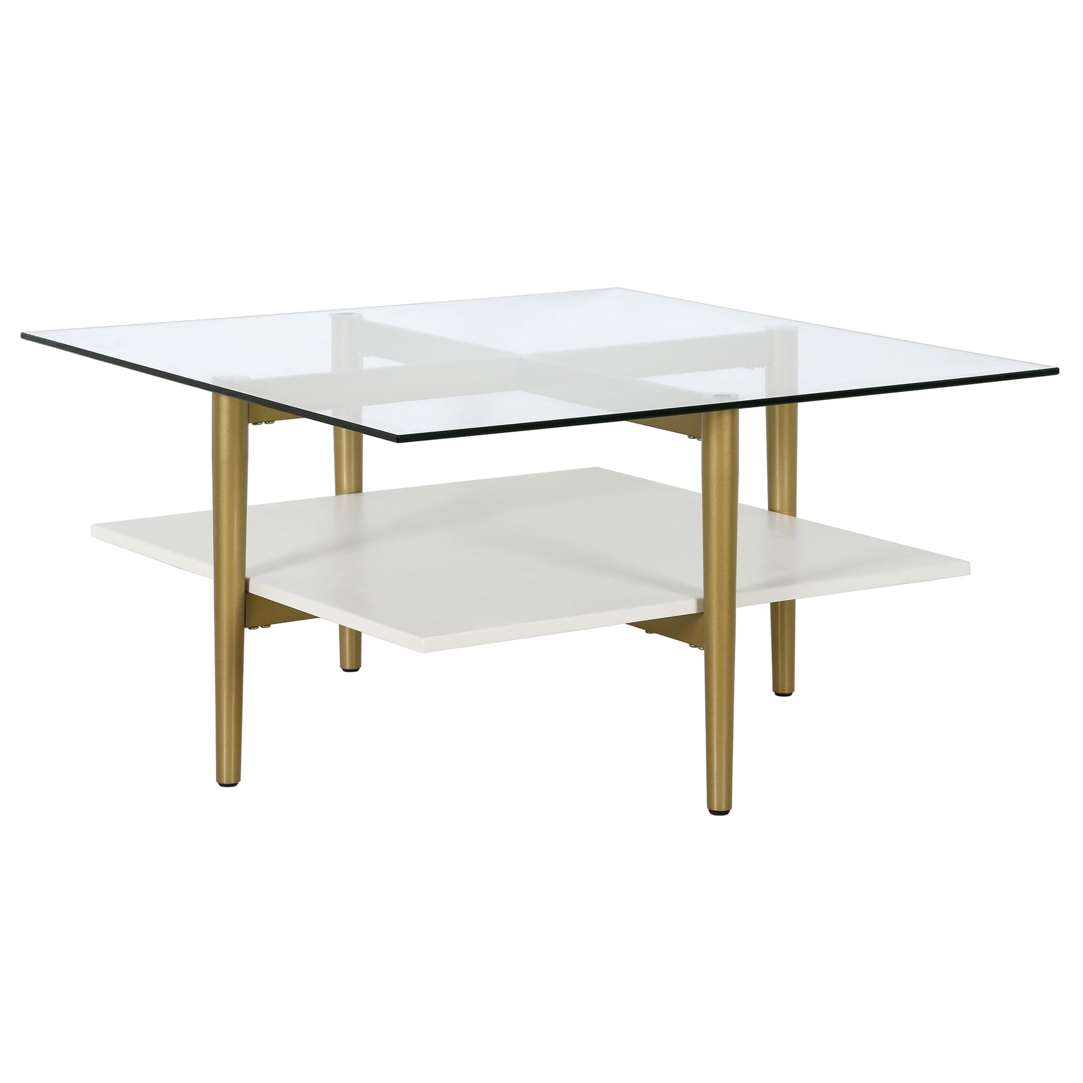 Evelyn&Zoe Otto 32" Wide Square Coffee Table with White Lacquer Shelf, Brass