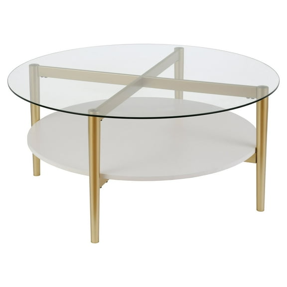 Evelyn&Zoe Otto 36" Wide Round Coffee Table with MDF Shelf, Brass/White Lacquer