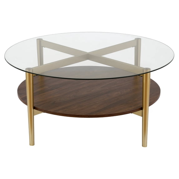 Evelyn&Zoe Otto 36" Wide Round Coffee Table with MDF Shelf, Gold/Walnut