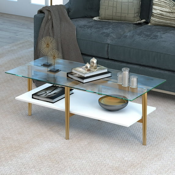 Evelyn&Zoe Otto 47" Wide Rectangular Coffee Table with MDF Shelf, Brass and White Lacquer