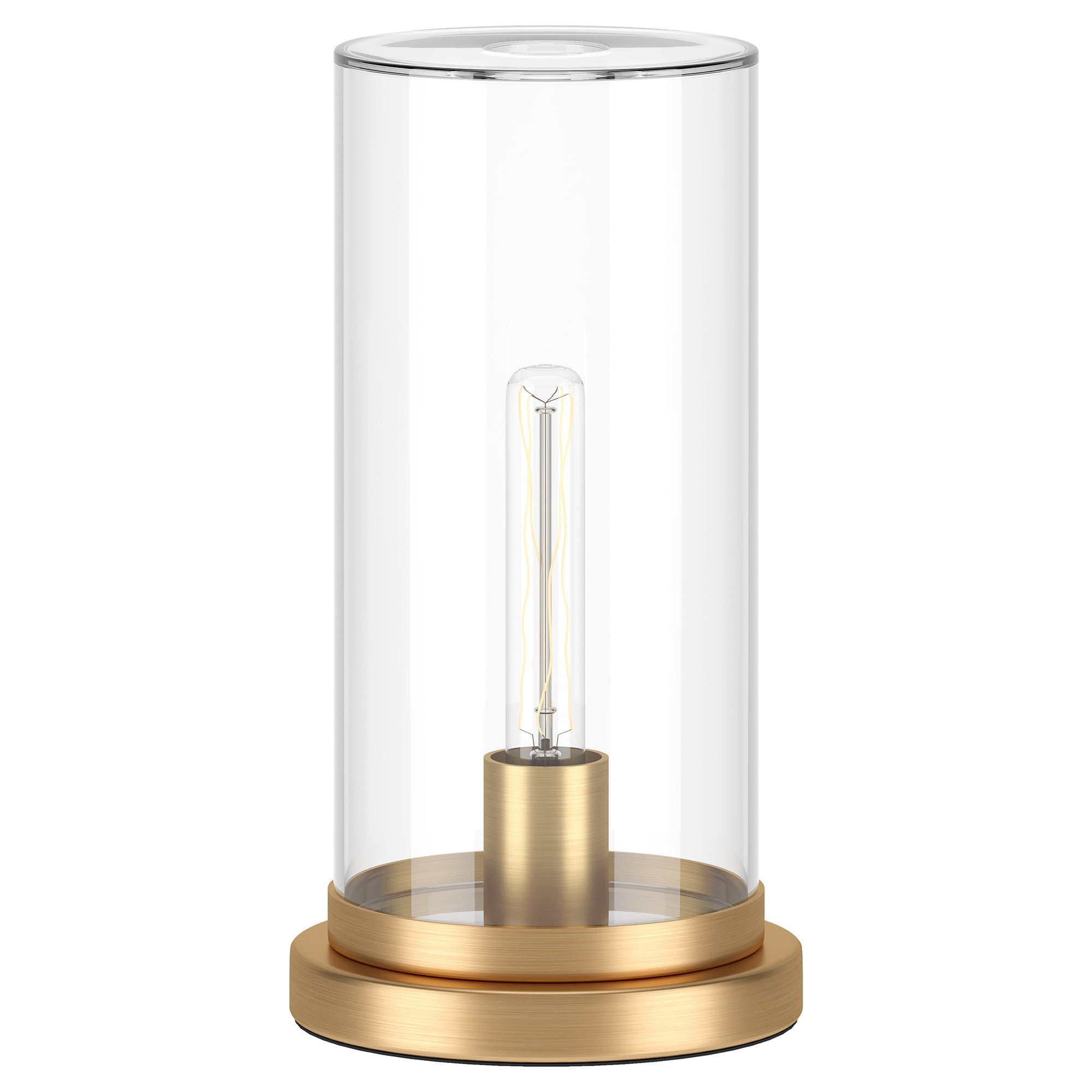 Evelyn&Zoe Perabo 13" Tall Uplight Mini Lamp with Glass Shade, Brushed Brass/Clear