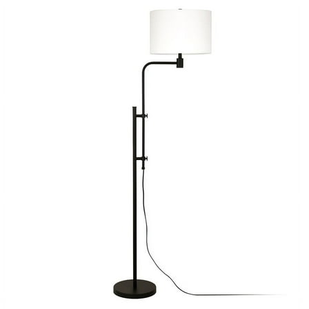 Evelyn&Zoe Polly Height-Adjustable Floor Lamp with Fabric Shade, Blackened Bronze/White