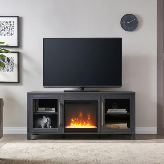 Evelyn&Zoe Quincy Rectangular TV Stand with Crystal Fireplace for TV's up to 65", Charcoal Gray