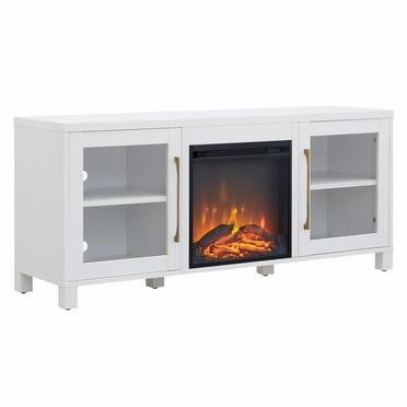 Evelyn&Zoe Quincy Rectangular TV Stand with Log Fireplace for TV's up to 65", White