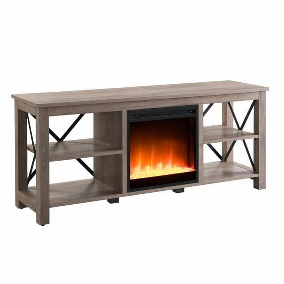 Evelyn&Zoe Sawyer Rectangular TV Stand with Crystal Fireplace for TV's up to 65", Gray Oak