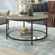 Evelyn&Zoe Sevilla 32'' Wide Round Coffee Table with MDF Top and Glass Shelf, Blackened Bronze/Antiqued Gray Oak