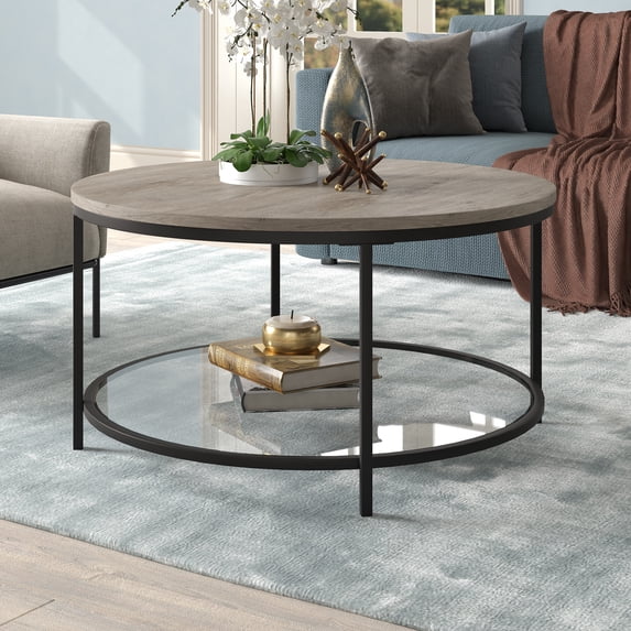 Evelyn&Zoe Sevilla Round MDF Coffee Table with Shelf, Antiqued Gray Oak