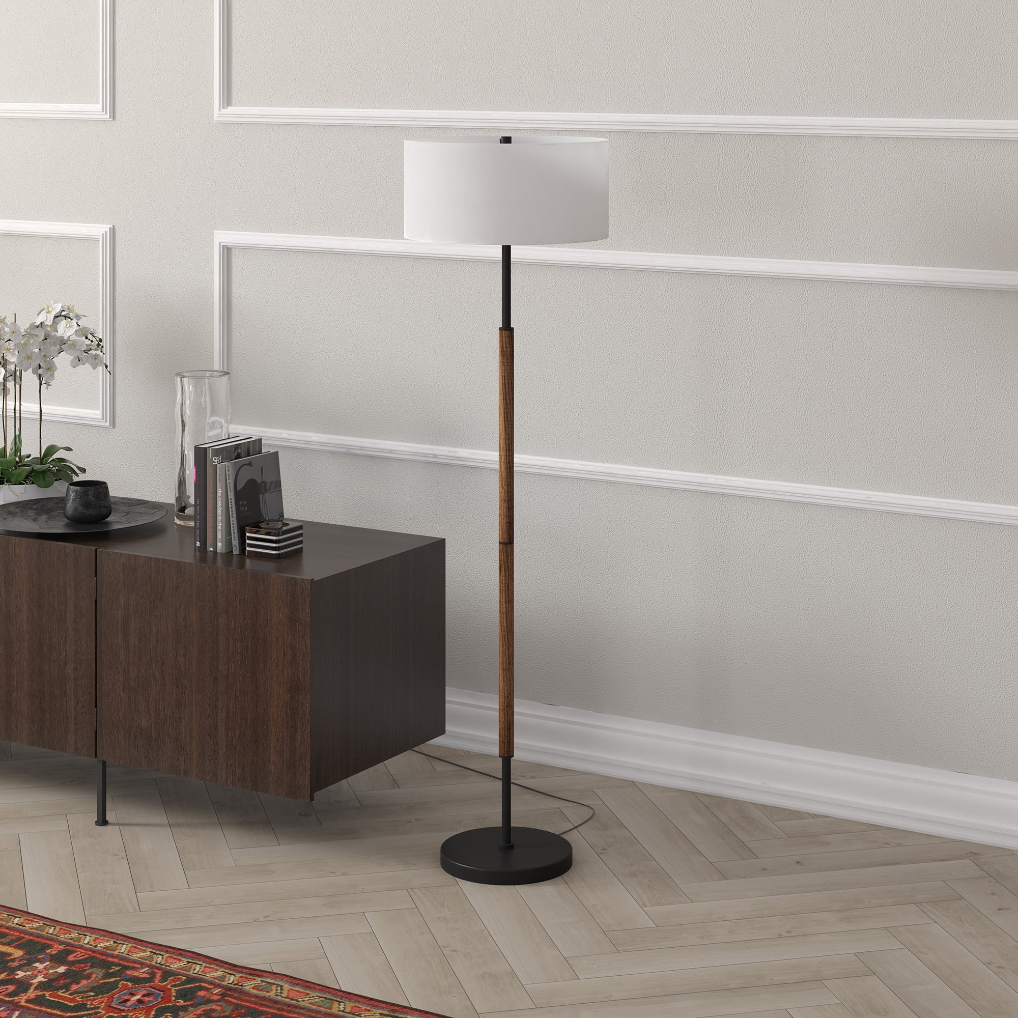 Contemporary 61" Blackened Bronze/Rustic Oak Smart Floor Lamp
