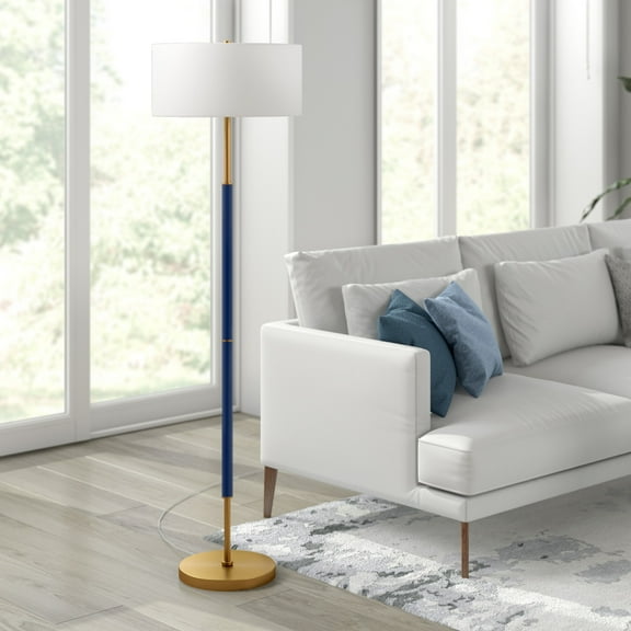 Evelyn&Zoe Simone 2-Light Floor Lamp with Fabric Shade, Blue/Brass/White