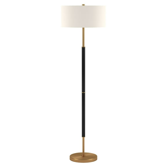Evelyn&Zoe Simone 2-Light Floor Lamp with Fabric Shade, Matte Black/Brass/White