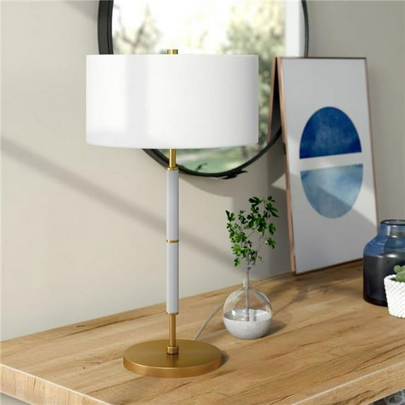 Evelyn&Zoe Simone 25" Tall 2-Light Table Lamp with Fabric Shade in Gray/Brass/White