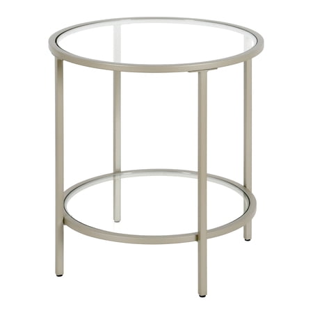 Evelyn&Zoe Sivil 20" Wide Round Side Table with Glass Shelf, Satin Nickel
