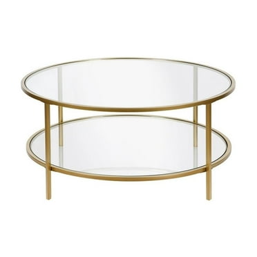 Evelyn&Zoe Sivil 36" Wide Round Coffee Table with Glass Top, Brass