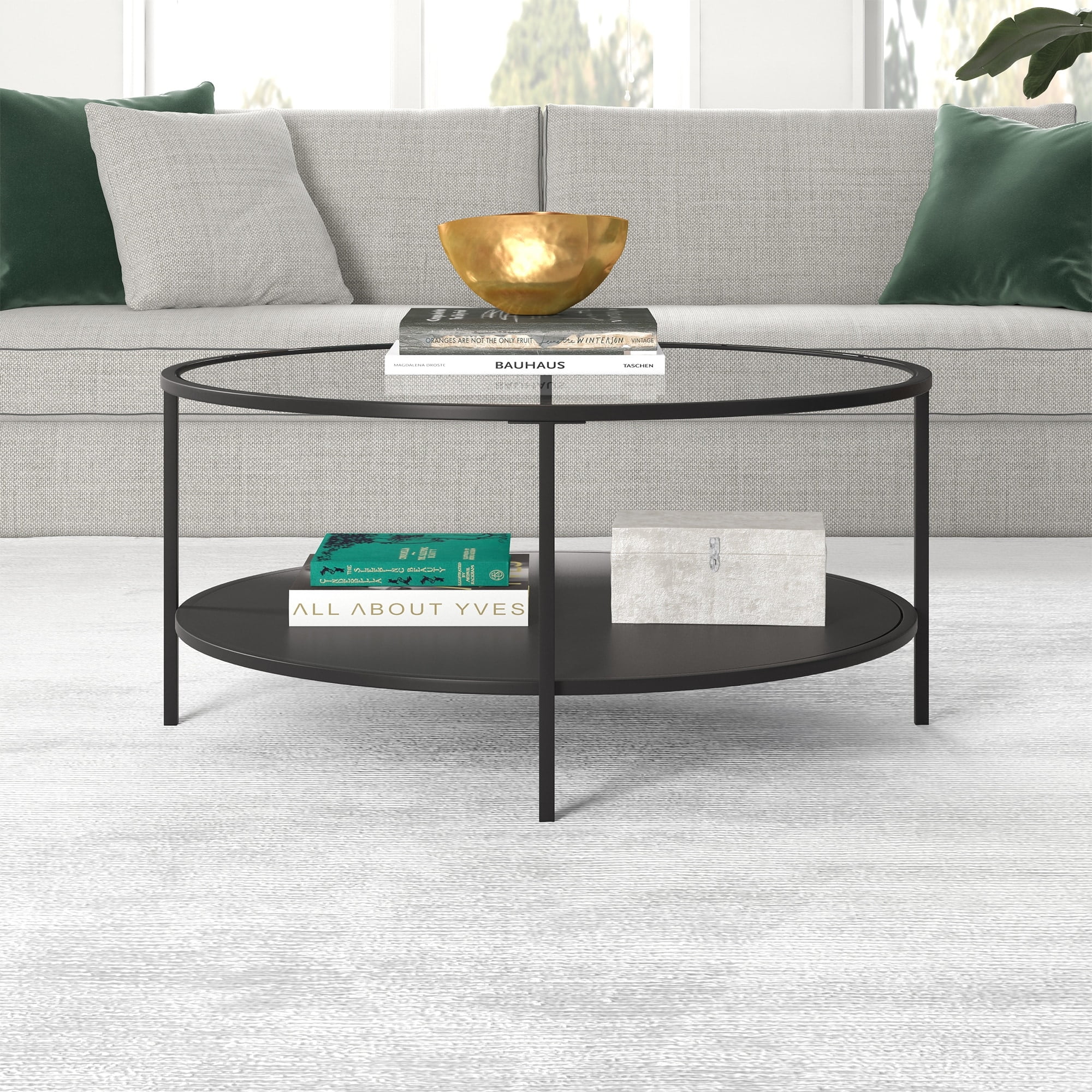 Blackened Bronze Round Coffee Table with Glass Top and Metal Shelf, 36"