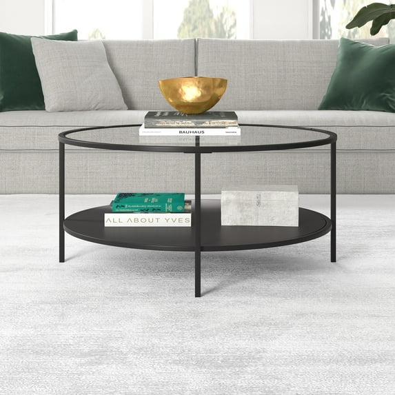 Evelyn&Zoe Sivil 36" Wide Round Coffee Table with Glass Top and Metal Shelf, Blackened Bronze