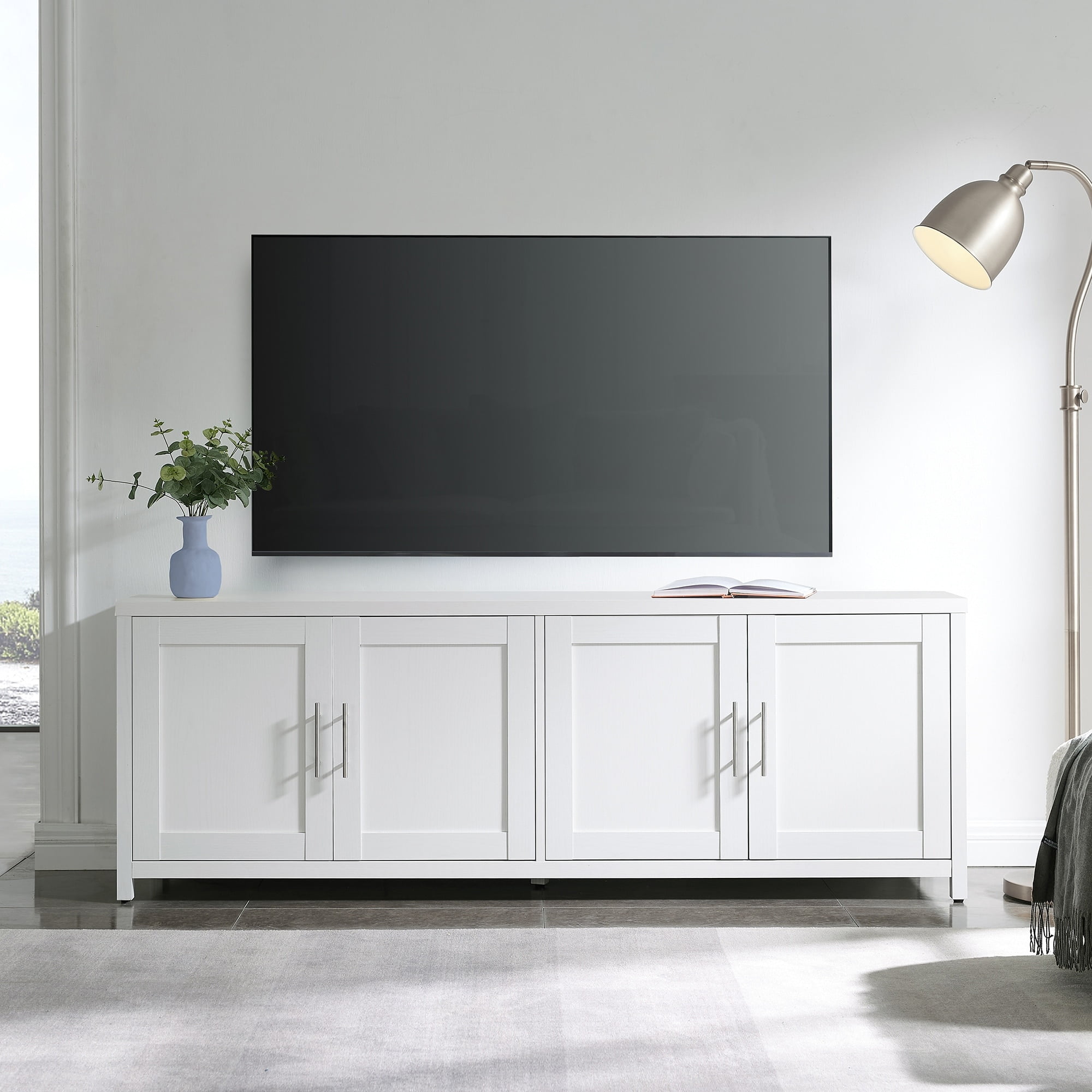 White Rectangular TV Stand with Cabinets for 75" TVs