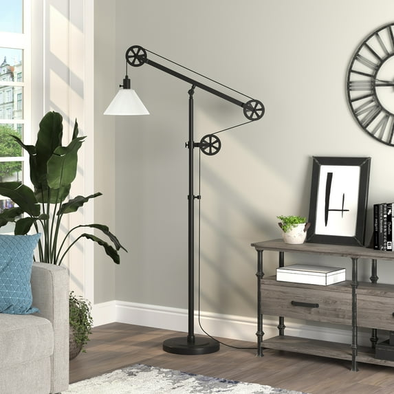 Evelyn&Zoe Traditional Metal Floor Lamp with Glass Shade and Pulley System