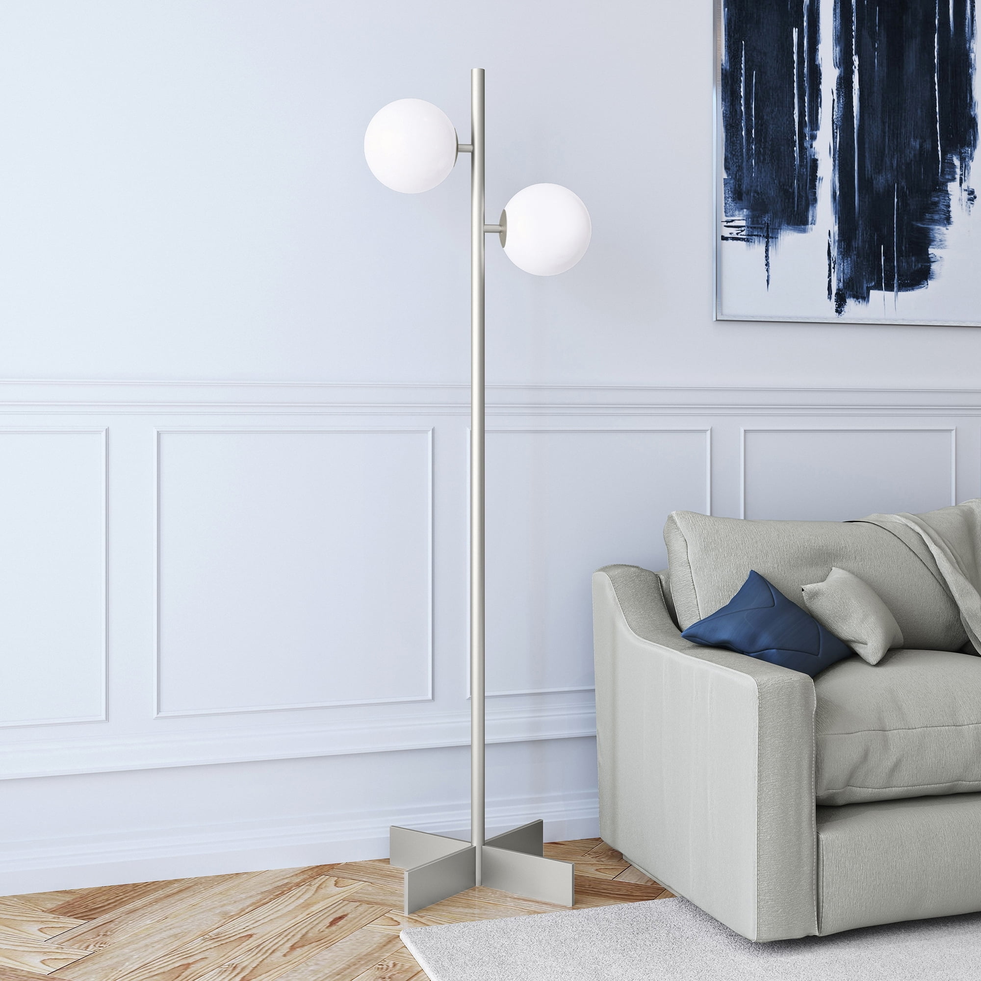 Sleek Nickel Finish Floor Lamp with Adjustable Milk Glass Orbs
