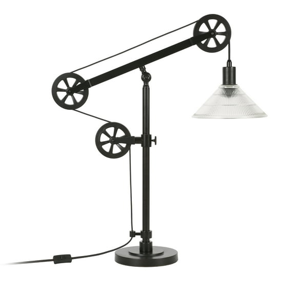 Evelyn&Zoe Traditional Metal Table Lamp with Glass Shade and Pulley System
