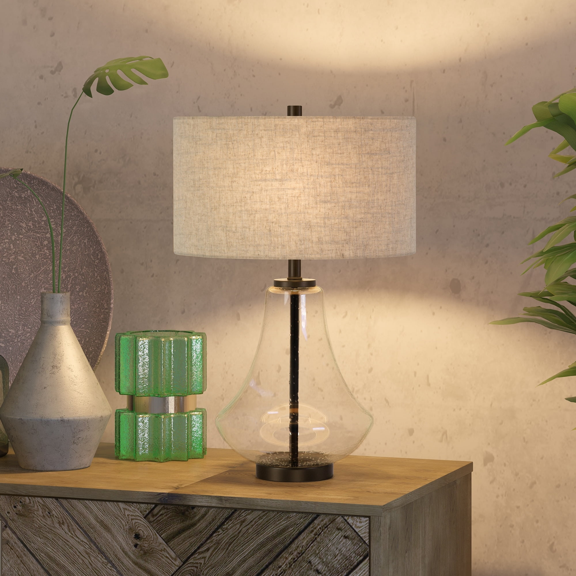 Lagos Seeded Glass 23" Tall Table Lamp with Antique Bronze Finish and Flax Shade