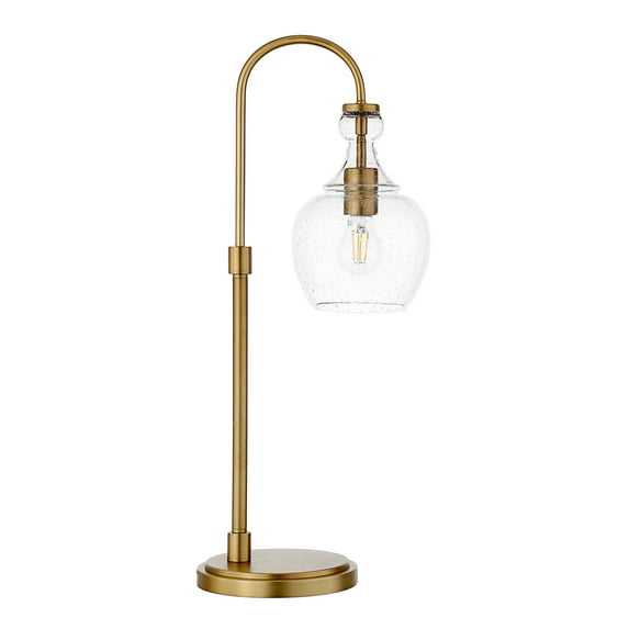 Evelyn&Zoe Verona 27" Tall Arc Table Lamp with Glass Shade, Brushed Brass/Seeded