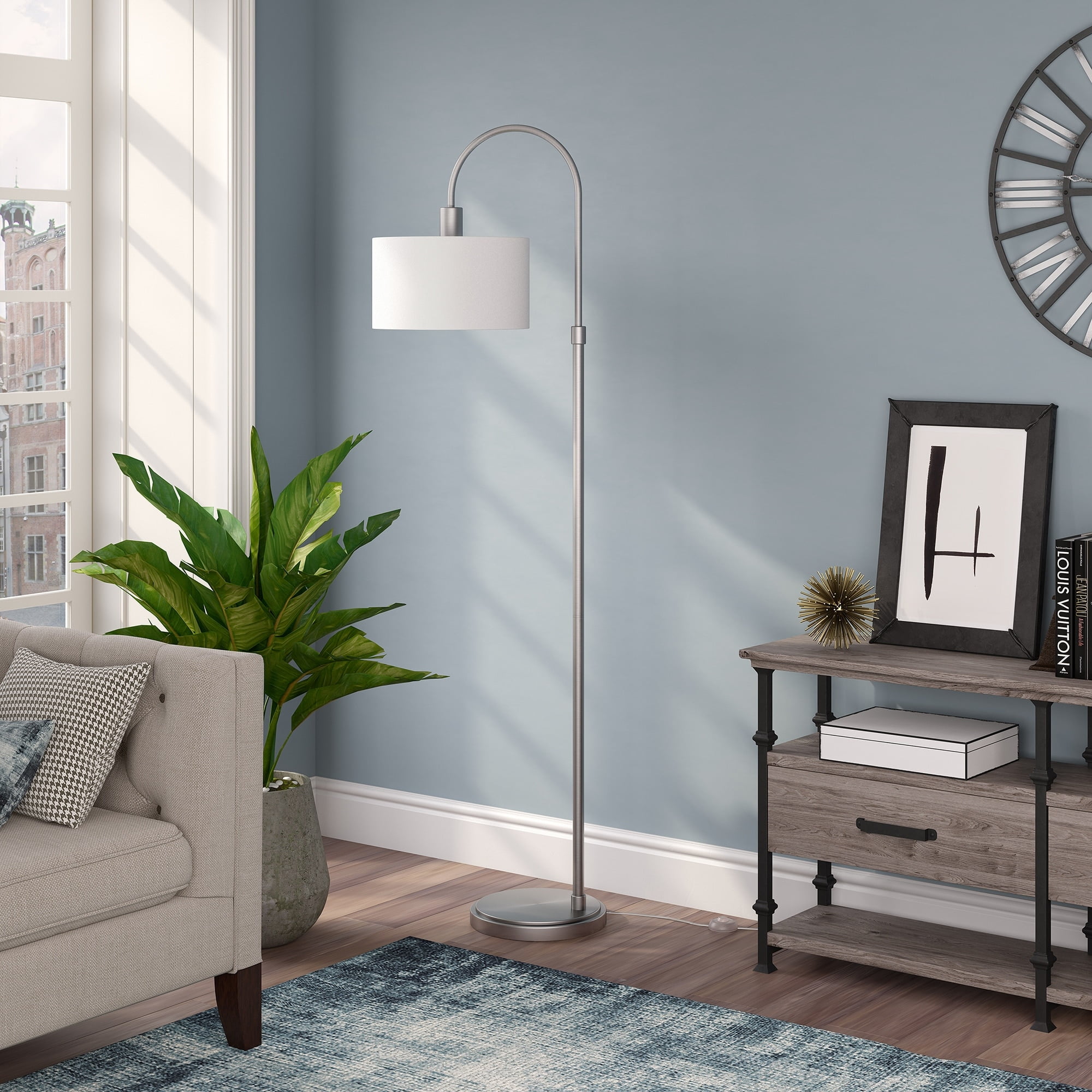 Sophia 70" White Drum Shade Arc Floor Lamp with Brushed Nickel Base